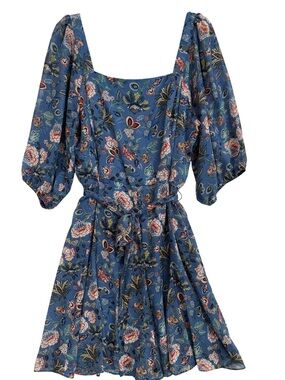Melonie T Blue Floral Square-Neck Mini Dress with Sheer Puff Sleeves